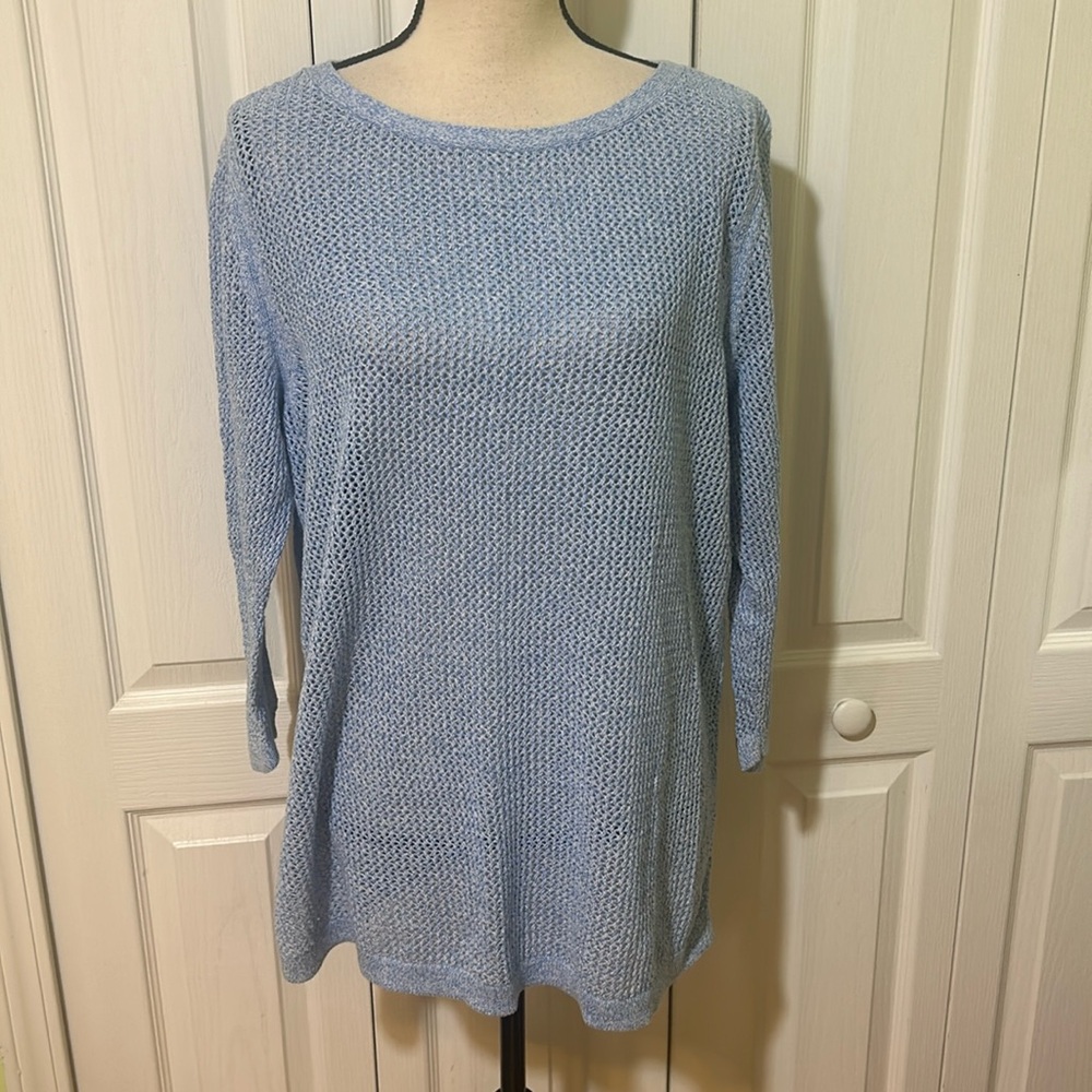 Talbots Light Blue Pullover Top Sweater 3/4 Sleeve Open Weave Cotton